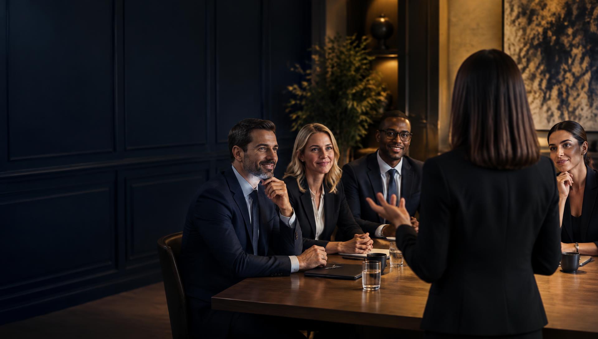 Rae-Ann, seen from behind, coaching a team of professionals around a boardroom table