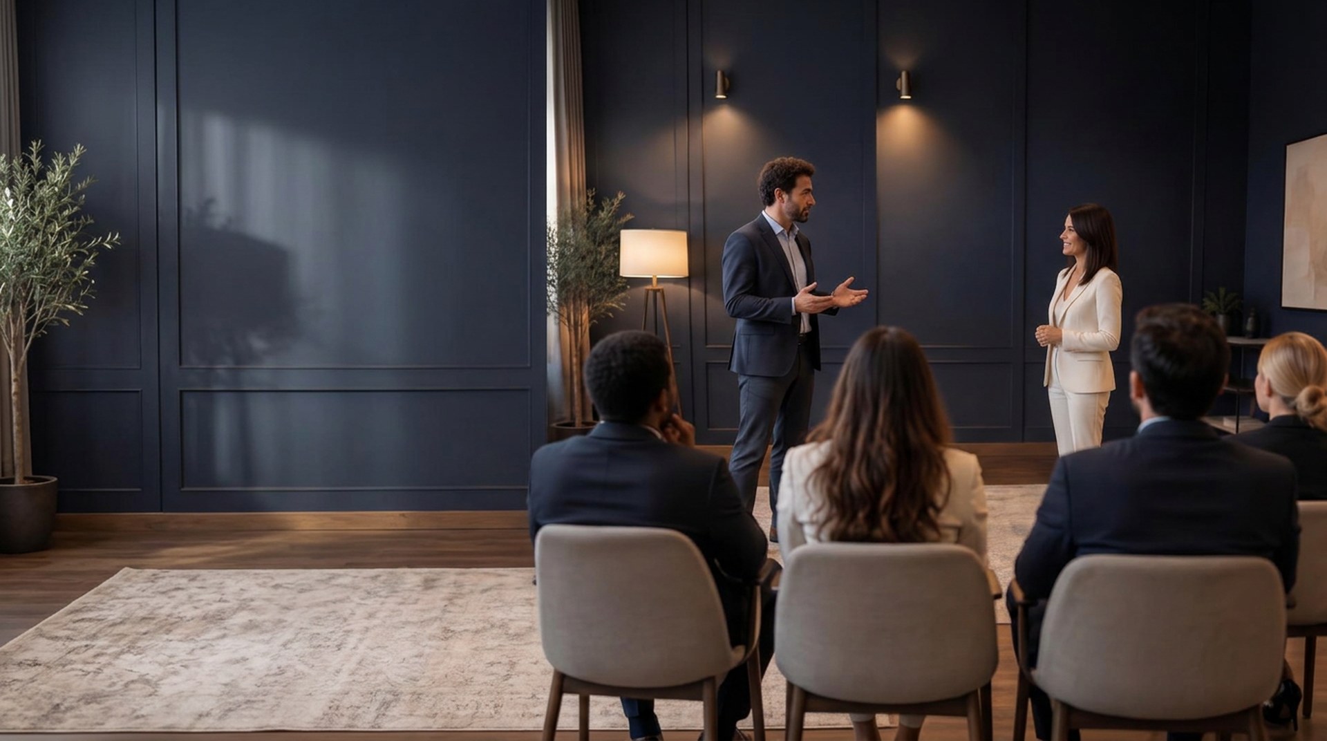 A coach leading a sales role-play at the front of a room, with a team seated in the foreground